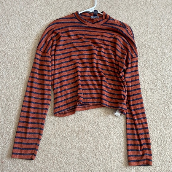 striped cropped mock long sleeve t-shirt - Picture 1 of 4